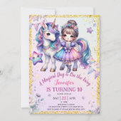 女子プリンセスユニコーン10誕生日パープル金ゴールド 招待状 (正面)