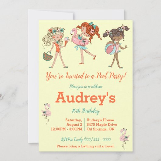 女子プールパーティー誕生日パーティーの招待 招待状 (正面)
