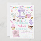 女子ベーキングパーティーピンク金ゴールドケーキカップケーキ誕生日 招待状 (正面)