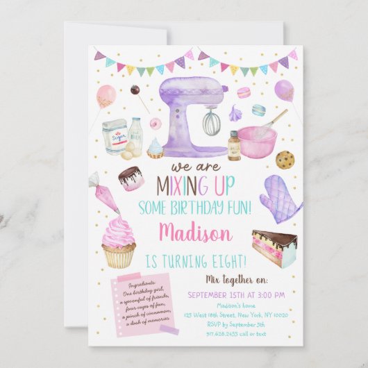 女子ベーキングパーティーピンク金ゴールドケーキカップケーキ誕生日 招待状 (正面)