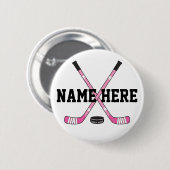 女子ホッケーパーソナライズされたプレイヤー名ピンクピンバック 缶バッジ (正面&裏面)