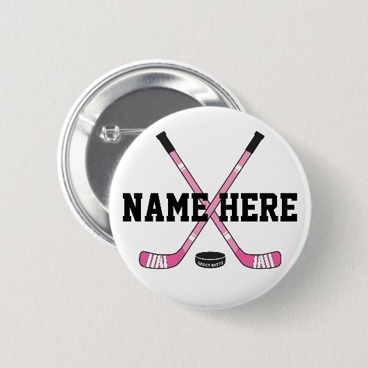 女子ホッケーパーソナライズされたプレイヤー名ピンクピンバック 缶バッジ (正面&裏面)