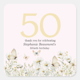 女子ホワイトワイルドフラワーシンプル誕生日50 スクエアシール