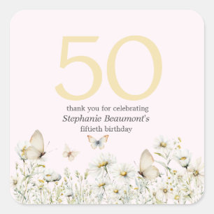 女子ホワイトワイルドフラワーシンプル誕生日50 スクエアシール