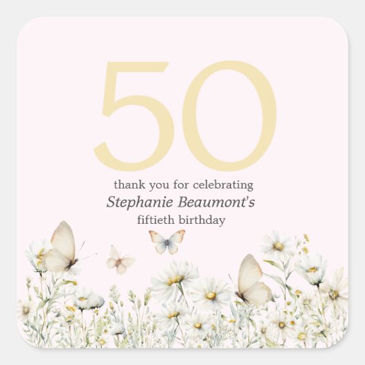 女子ホワイトワイルドフラワーシンプル誕生日50 スクエアシール (正面)