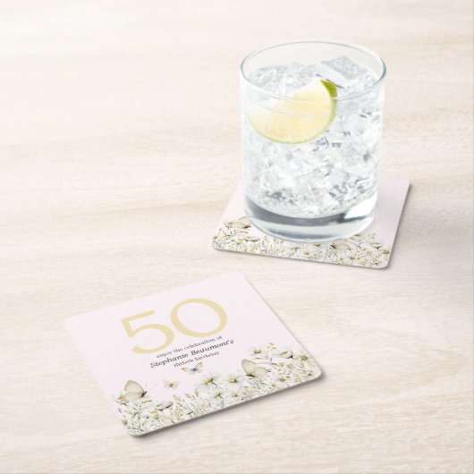 女子ホワイトワイルドフラワーシンプル誕生日50 スクエアペーパーコースター (インサイチュ)