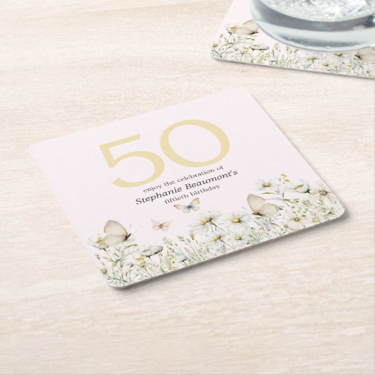 女子ホワイトワイルドフラワーシンプル誕生日50 スクエアペーパーコースター (アングル)