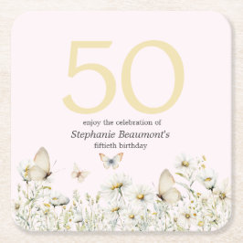 女子ホワイトワイルドフラワーシンプル誕生日50 スクエアペーパーコースター
