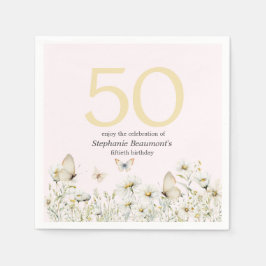 女子ホワイトワイルドフラワーシンプル誕生日50 スタンダードカクテルナプキン