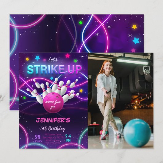 女子ボウリング誕生日写真招待状 招待状 (正面/裏面)