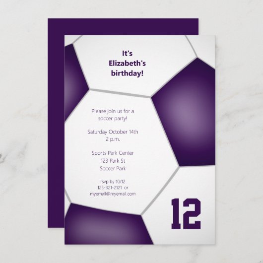 女子ボーイズパープルサッカーバースデーパーティースポーツ 招待状 (正面/裏面)