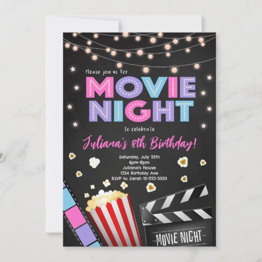 女子ムービーナイト誕生日パーティーへの招待 招待状 (正面)