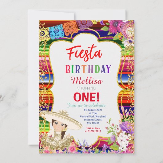女子メキシコ·フィエスタ·バースデー·パーティーの招待金ゴールド 招待状 (正面)