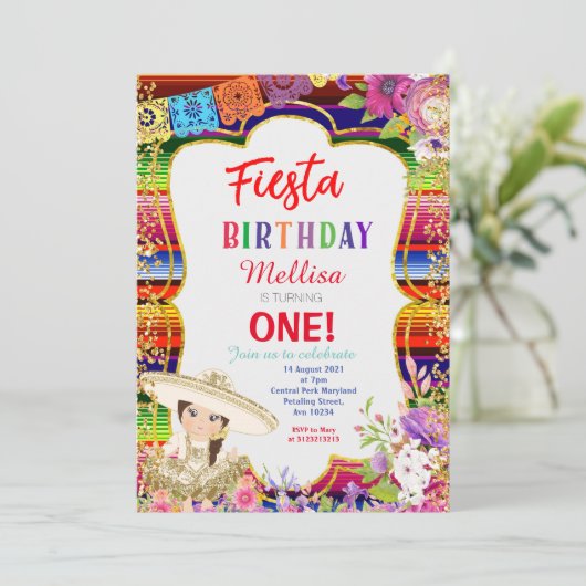 女子メキシコ·フィエスタ·バースデー·パーティーの招待金ゴールド 招待状 (スタンド正面)