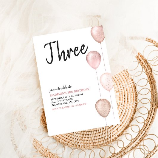 女子モダンシンプル3rdピンクバルーン誕生日 招待状