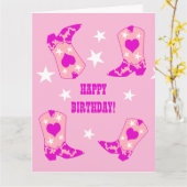 女子モダンピンク女性のカーボーイウエスタンブーツ誕生日 カード (黄色い花)