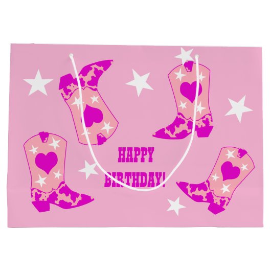女子モダンピンク女性のカーボーイウエスタンブーツ誕生日 ラージペーパーバッグ (裏面)