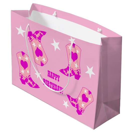 女子モダンピンク女性のカーボーイウエスタンブーツ誕生日 ラージペーパーバッグ (裏面アングル)