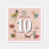 女子モダン漫画ピンクスーパーヒーロー子供の誕生日 スタンダードカクテルナプキン (正面)