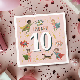 女子モダン漫画ピンクスーパーヒーロー子供の誕生日 スタンダードカクテルナプキン