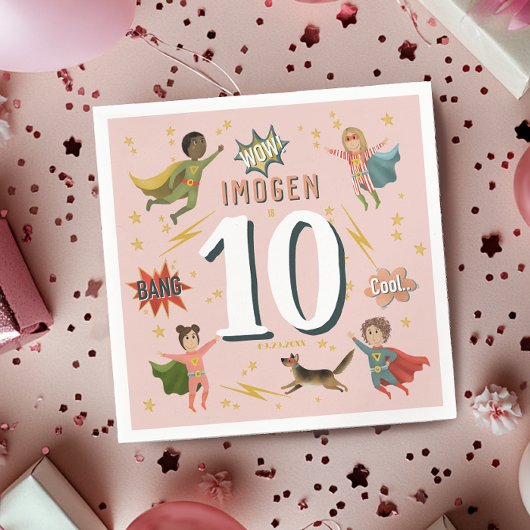 女子モダン漫画ピンクスーパーヒーロー子供の誕生日 スタンダードカクテルナプキン