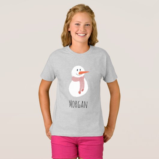 女子モダン雪だるまウィンターファミリーTシャツ Tシャツ (正面フル)