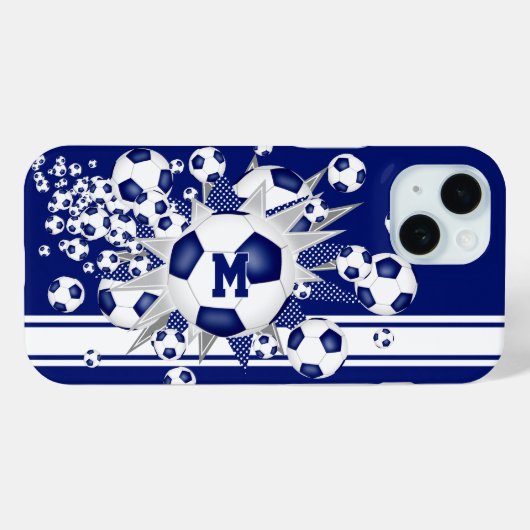 女子モノグラムのサッカーのボールが青く噴き出す Case-Mate iPhoneケース (裏面 (横))