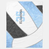 女子ライトブルーブラックバレーボール名前をカスタムする フリースブランケット (正面)