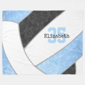 女子ライトブルーブラックバレーボール名前をカスタムする フリースブランケット (正面(横))