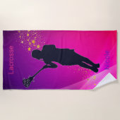 女子ラクロスピンク&パープル金ゴールドスター ビーチタオル (正面)