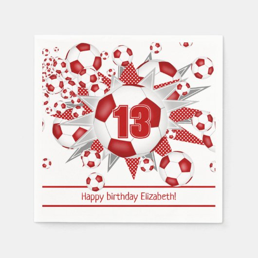 女子レッドサッカーの誕生日またはチームパーティー スタンダードカクテルナプキン (正面)