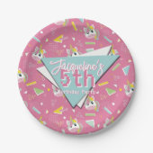 女子レトロピンクユニコーン誕生日 ペーパープレート (正面)