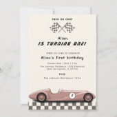 女子ヴィンテージピンクレースカー1st誕生日パーティー 招待状 (正面)