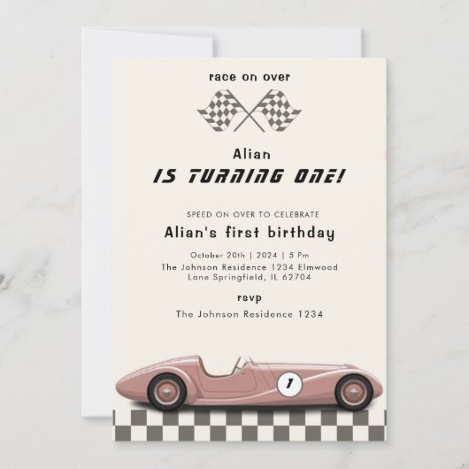女子ヴィンテージピンクレースカー1st誕生日パーティー 招待状 (正面)