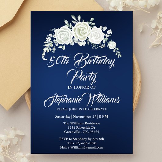 女子ヴィンテージ白縁ど薔薇50誕生日 招待状