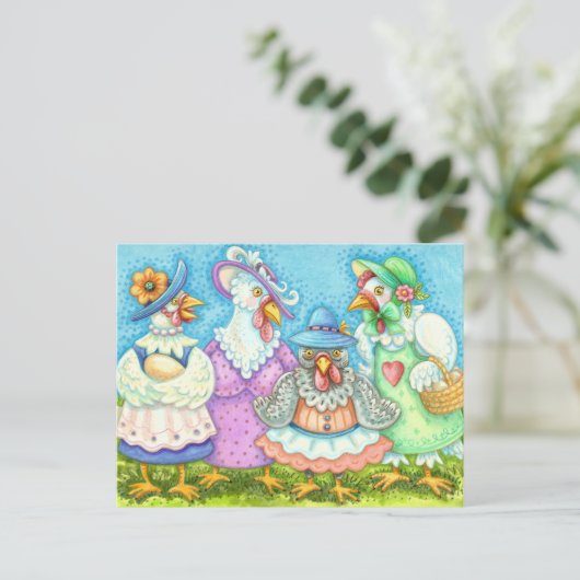 女子会にぴったりなユーモアたっぷりのニワトリグッズ, 田舎の羽のある友達たち Funny ポストカード (スタンド正面)