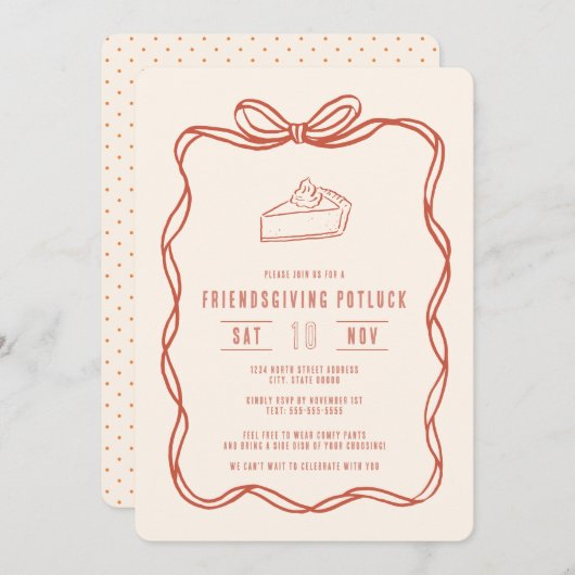 女子会感謝祭のパーティーで使えるかわいいリボン付きのボウル型のパイ 招待状 (正面/裏面)