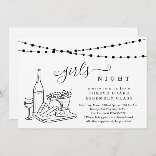 女子会 ワインチェックとチーズボードパーティーI 招待状 (正面/裏面)