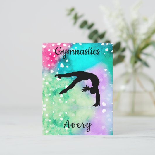 女子体操ウォーターカラー浮動ハート ポストカード (スタンド正面)