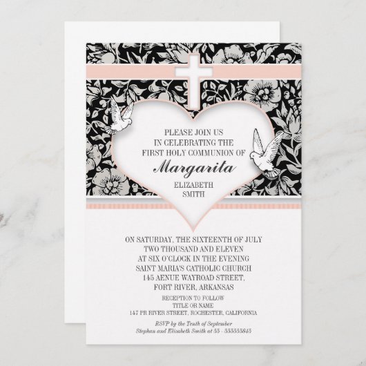 女子初の聖なる聖餐会ピンクのカスタム招待状 招待状 (正面/裏面)