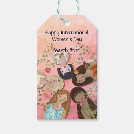 女子国際的デイピンクフェミニンポートレート ギフトタグ (正面)