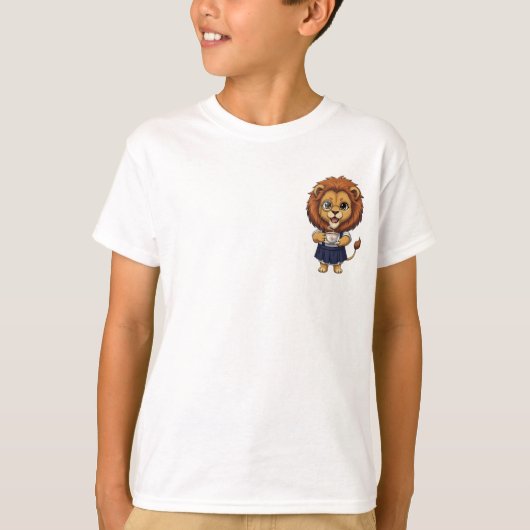 女子学生ライオンのティーカップ キッズ Tシャツ (正面)