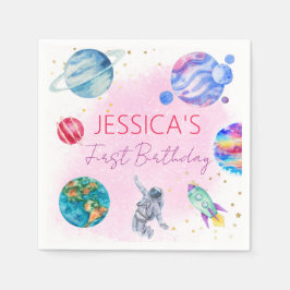 女子宇宙飛行士金ゴールドピンクロケット船惑星 スタンダードカクテルナプキン