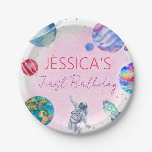 女子宇宙飛行士金ゴールドピンクロケット船惑星 ペーパープレート (正面)