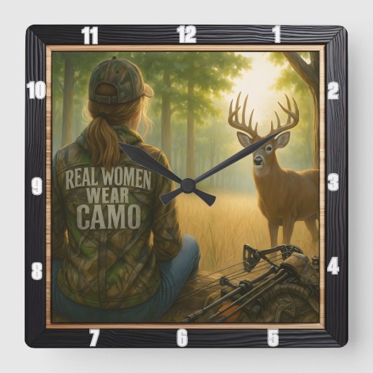 女子実在迷彩柄狩猟林 スクエア壁時計 (正面)