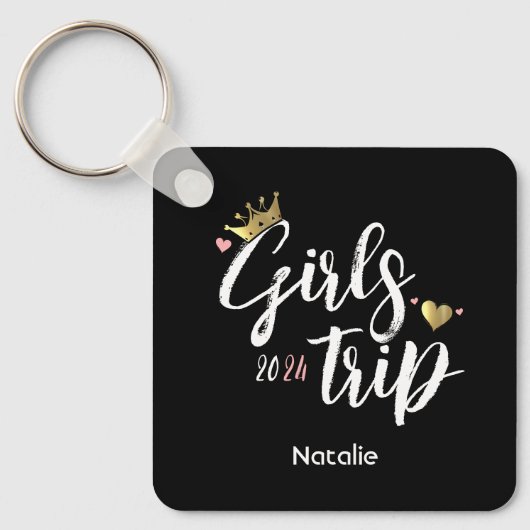 女子旅のゴールデンクラウンピンクハート写真バケーション キーホルダー (正面)