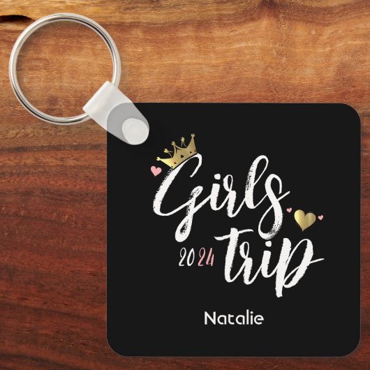 女子旅のゴールデンクロウンピンクハート写真バケーション キーホルダー (正面)