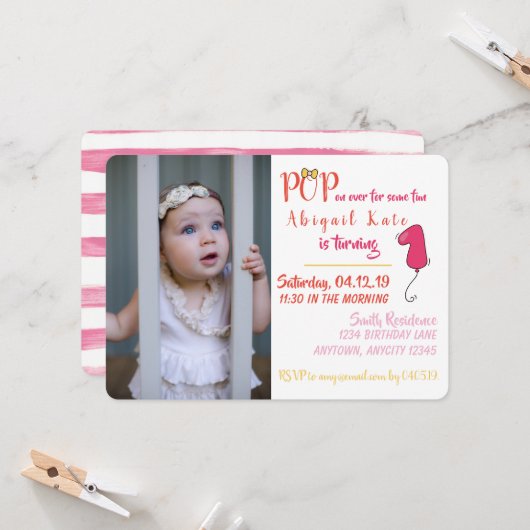 女子水彩気球船首第1誕生日気球 招待状 (正面/裏面インサイチュ)