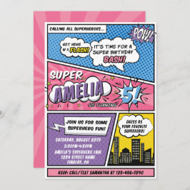 女子漫画ブックスタイルスーパーヒーローバースデーパーティー 招待状