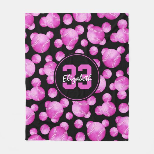 女子熱パーソナライズされたピンクソフトボール模様 フリースブランケット (正面)